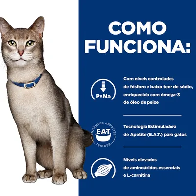 Como funciona: níveis controlados de fósforo e baixo sódio, enriquecido com ómega-3 de óleo de peixe, Tecnologia Estimuladora de Apetite (E.A.T.) para gatos, aminoácidos essenciais e L-carnitina.