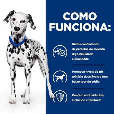 Como funciona: Níveis controlados de proteína de elevada digestibilidade e qualidade. Promove níveis de pH urinário desejáveis e tem baixo teor de sódio. Contém antioxidantes, incluindo vitamina E.