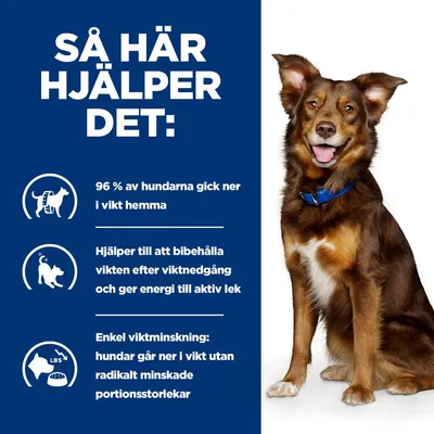 Så här hjälper det: 96 % av hundarna gick ner i vikt hemma. Hjälper till att bibehålla vikten efter viktnedgång och ger energi till aktiv lek. Enkel viktminskning utan radikalt minskade portioner.