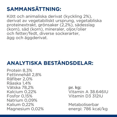 Sammansättning: Kött och animaliska derivat (kyckling 2 %), grönsaker (2,2 %), mineraler m.m. Analytiska beståndsdelar: protein 8,3 %, fett 2,8 %, væske 78,2 %, energi 786 kcal/kg.