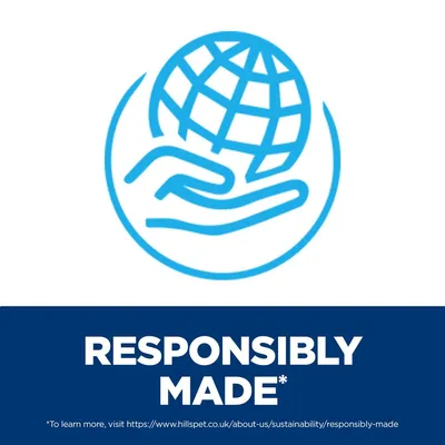 RESPONSIBLY MADE* felirat, alatta angol nyelvű webcím: https://www.hillspet.co.uk/about-us/sustainability/responsibly-made