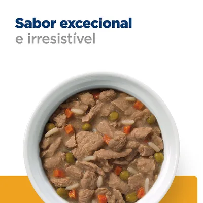 Tigela com comida húmida para animais, visíveis pedaços de carne, ervilhas e cenoura. Texto: Sabor excecional e irresistível.