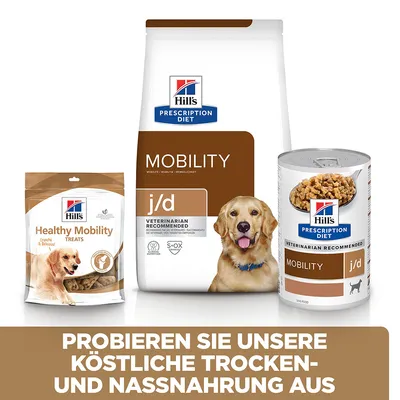 Hill's Prescription Diet Mobility j/d сухой и влажный корм, а также Healthy Mobility Treats.