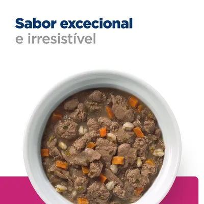 Sabor excecional e irresistível. Prato com comida húmida para animais, visíveis pedaços de carne, cenoura e molho.