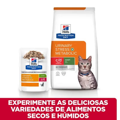 Hill's Prescription Diet Urinary Stress + Metabolic para gatos, embalagem de alimento seco e húmido. Texto: Experimente as deliciosas variedades de alimentos secos e húmidos.