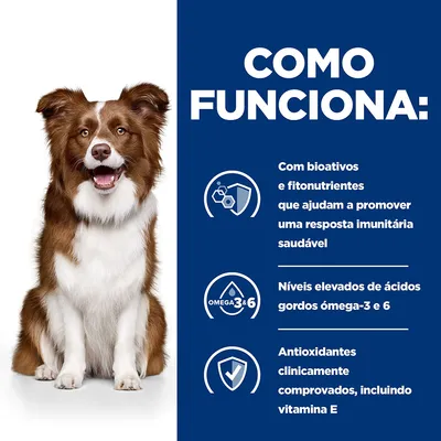 Texto: Como funciona. Com bioativos e fitonutrientes que ajudam a promover uma resposta imunitária saudável. Níveis elevados de ácidos gordos ómega-3 e 6. Antioxidantes clinicamente comprovados, incluindo vitamina E.