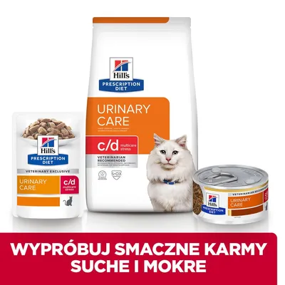 Hill's Prescription Diet Urinary Care c/d multicare stress dla kotów: opakowanie suchej karmy, saszetka mokrej karmy, puszka. Widoczny biały kot. Tekst: Wypróbuj smaczne karmy suche i mokre.