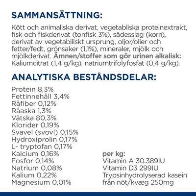 Sammansättning: kött, animaliska och vegetabiliska derivat, tonfisk 3 %, spannmål, oljor, grönsaker 1,1 %, mineraler. Analys: protein 8,3 %, fett 3,4 %, vätska 80,3 %, vitaminer A och D3.