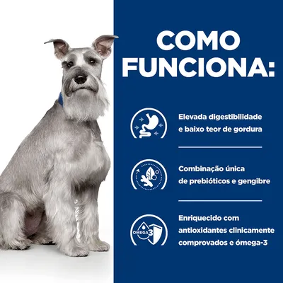 Como funciona: Elevada digestibilidade e baixo teor de gordura; combinação única de prebióticos e gengibre; enriquecido com antioxidantes clinicamente comprovados e ómega-3.