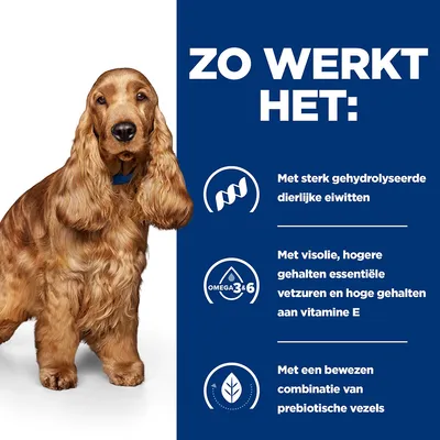 Zo werkt het: met sterk gehydrolyseerde dierlijke eiwitten, visolie, hogere gehalten essentiële vetzuren en vitamine E, bewezen combinatie van prebiotische vezels.