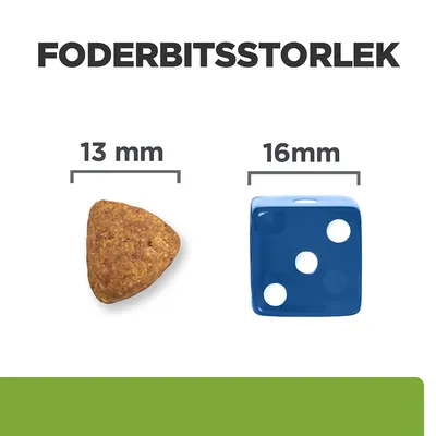 Foderbitsstorlek: foderbit 13 mm bred jämförs med blå tärning 16 mm bred. Texten 'FODERBITSSTORLEK', '13 mm' och '16 mm' syns ovanför respektive objekt.