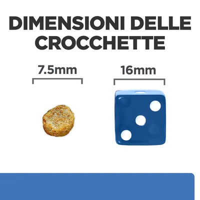 Dimensioni delle crocchette: diametro 7,5 mm mostrato accanto a un dado blu di 16 mm per confronto visivo.