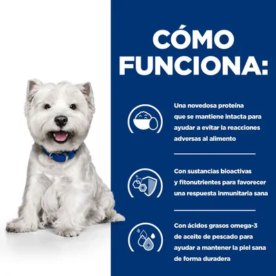 CÓMO FUNCIONA: proteína intacta para evitar reacciones adversas, sustancias bioactivas y fitonutrientes para respuesta inmunitaria, omega-3 de pescado para piel sana. Texto en español. CÓMO FUNCIONA: proteína intacta para evitar reacciones adversas, sustancias bioactivas y fitonutrientes para respuesta inmunitaria, omega-3 de pescado para piel sana. Texto en español.