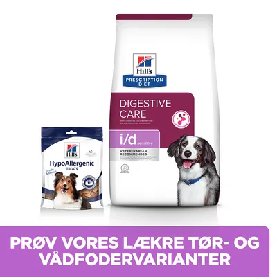 Hill's Prescription Diet Digestive Care i/d sensitive tørfoder og Hill's HypoAllergenic Treats til hund. Tekst: PRØV VORES LÆKRE TØR- OG VÅDFODERVARIANTER.