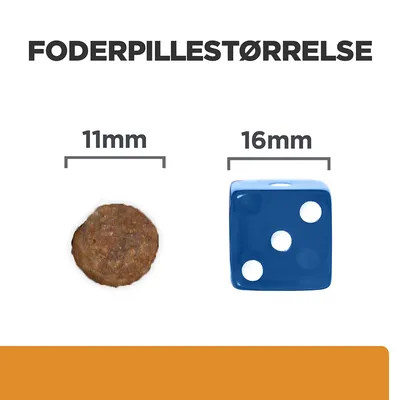 Foderpillestørrelse: foderpille 11 mm ved siden af blå terning 16 mm. Tekst: FODERPILLESTØRRELSE, 11 mm, 16 mm.