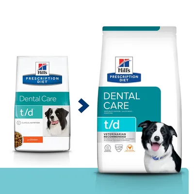 Hill's Prescription Diet Dental Care t/d hundefoder, to poser med forskelligt design, begge med billede af sort-hvid hund og teksten 'Dental Care t/d'. Synlig tekst: 'with Chicken', 'Veterinarian Recommended'.