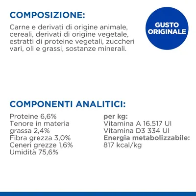 Composizione: carne e derivati animali, cereali, derivati vegetali, zuccheri, oli, grassi, minerali. Proteine 6,6%, grassi 2,4%, fibra 3%, ceneri 1,6%, umidità 75,6%. Gusto originale.