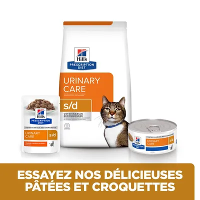 Hill's Prescription Diet Urinary Care s/d pour chats, sachet, sac et boîte visibles. Texte : Essayez nos délicieuses pâtées et croquettes.