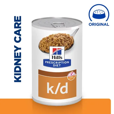 Hill's Prescription Diet k/d, puszka mokrej karmy z widocznym napisem KIDNEY CARE i oznaczeniem ORIGINAL. Na etykiecie: ACTIVBIOOME+ KIDNEY DEFENSE.