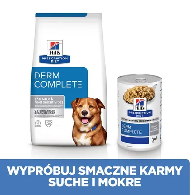 Hill's Prescription Diet Derm Complete karma sucha i mokra dla psów, opakowanie oraz puszka. Napis: Wypróbuj smaczne karmy suche i mokre.
