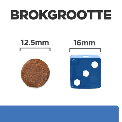 Brokformaat: afbeelding van een brok van 12,5 mm naast een dobbelsteen van 16 mm ter vergelijking. Tekst: 'BROKGROOTTE', '12.5 mm', '16 mm'.