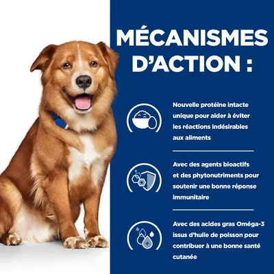 MÉCANISMES D’ACTION : nouvelle protéine intacte pour éviter les réactions indésirables, agents bioactifs et phytonutriments pour l’immunité, Oméga-3 pour la santé cutanée.