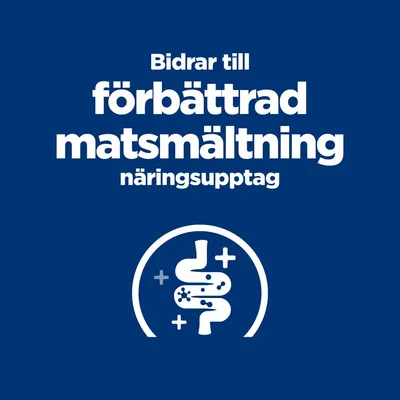 Bidrar till förbättrad matsmältning, näringsupptag. Text och ikon med mage på blå bakgrund.