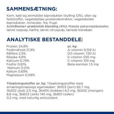 Sammensætning: korn, kød og animalske biprodukter (kylling 12 %), olier, fedtstoffer, ActivBiome+ præbiotisk blanding (4 %). Analytiske bestanddele: protein 24,8 %, fedt 21,9 %, fibre 2,5 %.