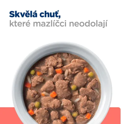 Text v češtine: Skvělá chuť, které mazlíčci neodolají. Miska s kúskami mäsa, mrkvou a hráškom v omáčke.