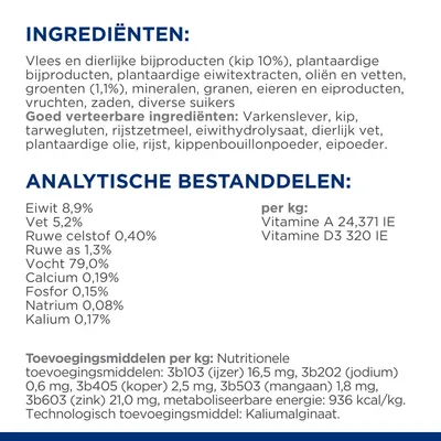 Ingrediënten: vlees, kip 10%, plantaardige bijproducten, oliën, vetten, mineralen, granen, eieren, groenten. Analytische bestanddelen: eiwit 8,9%, vet 5,2%, vocht 79%.