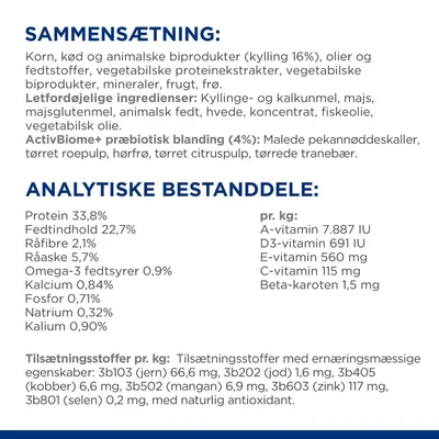 Sammensætning: korn, kød og animalske biprodukter (kylling 16 %), olier, fedtstoffer, mineraler, frugt, frø. Analytiske bestanddele: protein 33,8 %, fedt 22,7 %, råfibre 2,1 %, m.m.