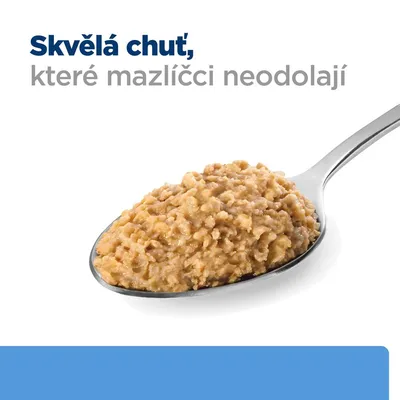 Lžíce s porcí masové směsi, nahoře text: Skvělá chuť, které mazlíčci neodolají.