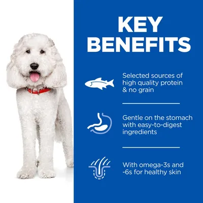 Tekst na engleskom: KEY BENEFITS. Selected sources of high quality protein & no grain. Gentle on the stomach with easy-to-digest ingredients. With omega-3s and -6s for healthy skin.