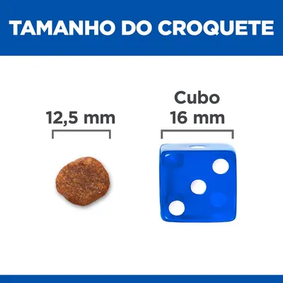 Comparação do tamanho do croquete, 12,5 mm, ao lado de um cubo azul com 16 mm. Texto: 'Tamanho do croquete', '12,5 mm', 'Cubo 16 mm'.