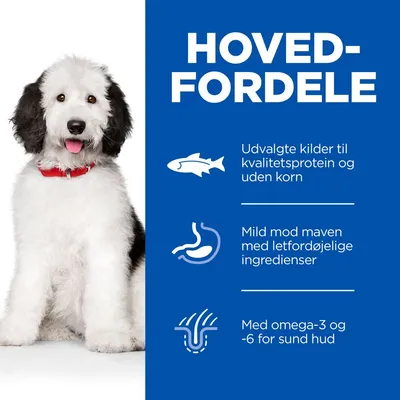 HOVEDFORDELE: Udvalgte kilder til kvalitetsprotein og uden korn. Mild mod maven med letfordøjelige ingredienser. Med omega-3 og -6 for sund hud.