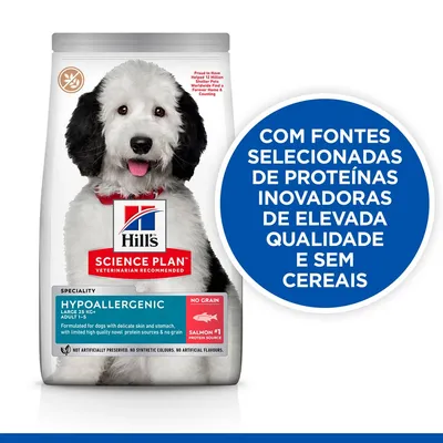 Hill's Science Plan Hypoallergenic para cães adultos de porte grande, salmão como principal fonte de proteína, sem cereais. Texto: Com fontes selecionadas de proteínas inovadoras e sem cereais.