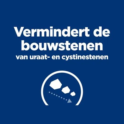 Vermindert de bouwstenen van uraat- en cystinestenen, witte tekst op blauwe achtergrond met grafische stenen en pijlen.