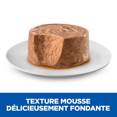 Pâtée en forme de mousse sur une assiette blanche, texte visible : Texture mousse délicieusement fondante