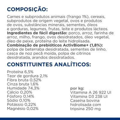 Composição: carnes e subprodutos animais (frango 1%), cereais, vegetais, ovos, minerais, sementes. Constituintes analíticos: proteína 6,5 %, gordura 2,1 %, humidade 74,3 %.