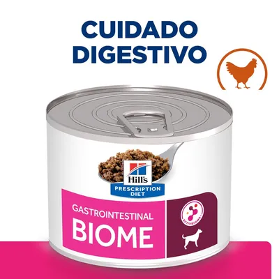Hill's Prescription Diet Gastrointestinal Biome para cães, texto 'Cuidado digestivo', imagem de frango e símbolo ActivBiome+ visíveis na embalagem.