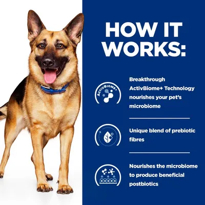 HOW IT WORKS: Breakthrough ActivBiome+ Technology nourishes your pet’s microbiome. Unique blend of prebiotic fibres. Nourishes the microbiome to produce beneficial postbiotics. (angol nyelvű szöveg)