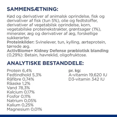Sammensætning: kød, fisk (tun 5 %), olie, vegetabilske proteiner, grøntsager (1 %), mineraler, æg. Analytiske bestanddele: protein 6,4 %, fedt 5,3 %, fibre 0,74 %, vand 78,3 %.