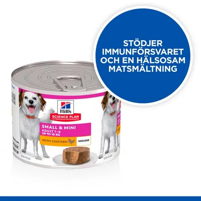 Hill's Science Plan Small & Mini Adult 1–6 Up to 10 kg with Chicken Mousse hundmatburk. Text: Stödjer immunförsvaret och en hälsosam matsmältning.