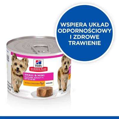 Hill's Science Plan Small & Mini Mature Adult 7+ with Chicken Mousse, puszka karmy dla psa do 10 kg. Napis: Wspiera układ odpornościowy i zdrowe trawienie.