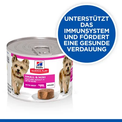 Hill's Science Plan Small & Mini Mature Adult 7+ mit Rind, Mousse. Unterstützt das Immunsystem und fördert eine gesunde Verdauung.