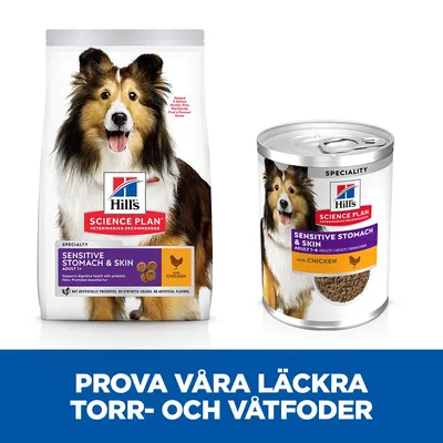 Hill's Science Plan Sensitive Stomach & Skin Adult 1+ med kyckling, torrfoderpåse och våtfoderburk för hund. Text: Prova våra läckra torr- och våtfoder.