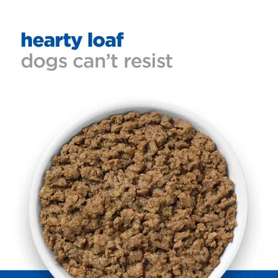 Bowl of hearty loaf pet food with text stating 'hearty loaf dogs can’t resist'.