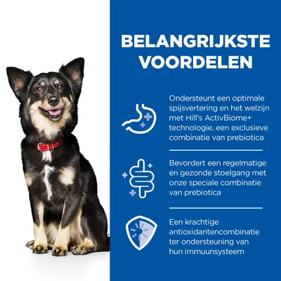 BELANGRIJKSTE VOORDELEN: Ondersteunt optimale spijsvertering met Hill’s ActivBiome+ technologie, bevordert gezonde stoelgang met prebiotica, krachtige antioxidanten voor immuunsysteem.