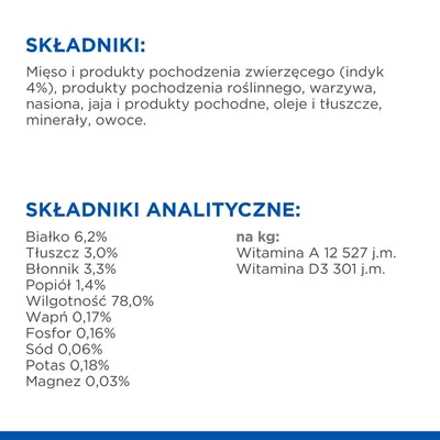 Składniki: mięso i produkty pochodzenia zwierzęcego (indyk 4%), roślinne, warzywa, nasiona, jaja, oleje, tłuszcze, minerały, owoce. Analiza: białko 6,2%, tłuszcz 3%, błonnik 3,3%, wilgotność 78%.