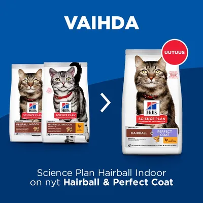 Hill's Science Plan Hairball Indoor -kissanruoka vaihtuu uuteen pakkaukseen: Hairball & Perfect Coat. Uutuus-merkintä näkyvissä oikeanpuoleisessa pussissa.
